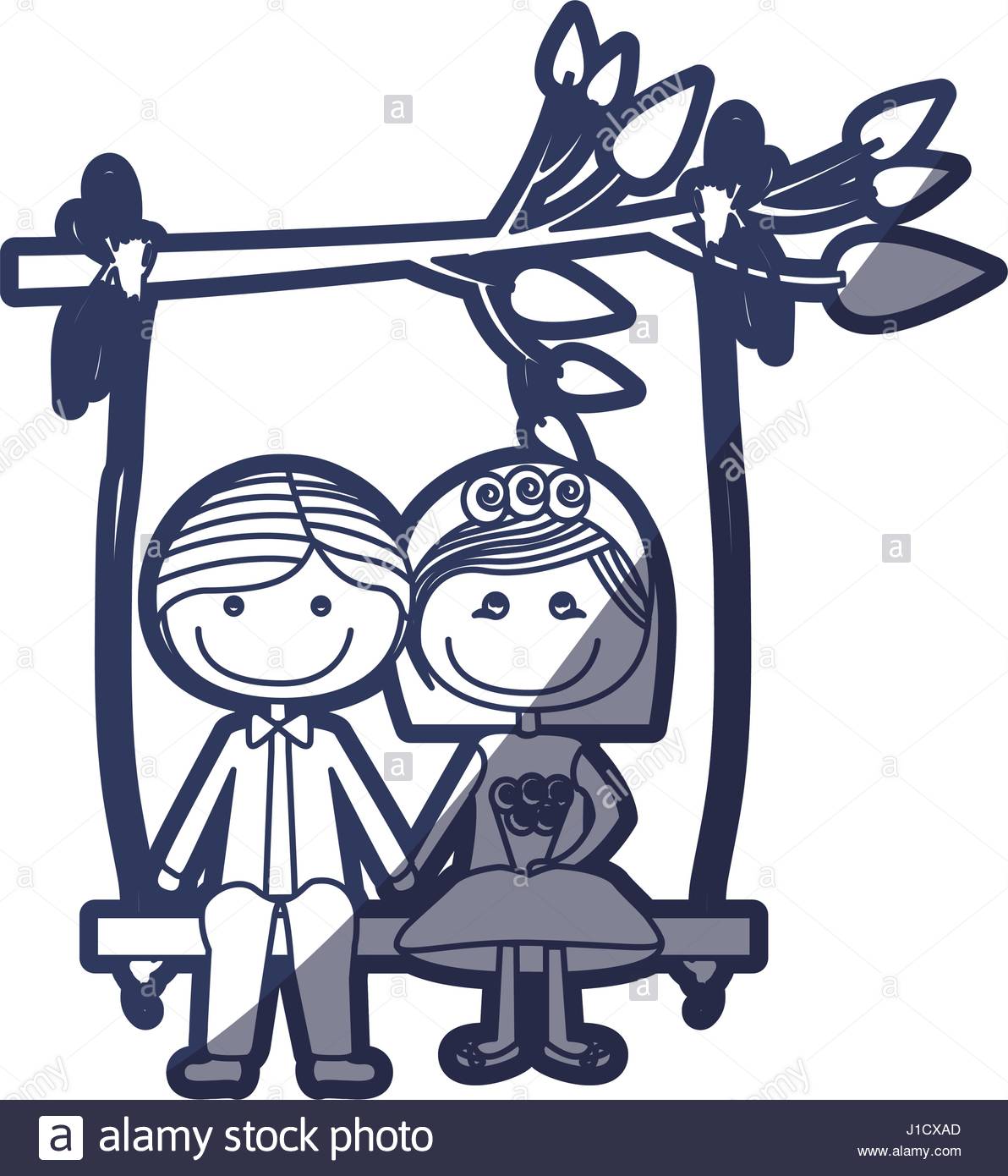1192x1390 Blue Color Contour Caricature Married Couple In Love Sit In Swing