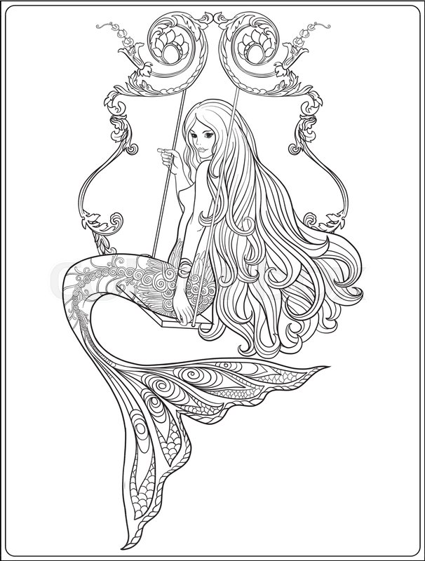 606x800 Hand Drew Mermaid With Long Hair. Stock Line Vector Illustration