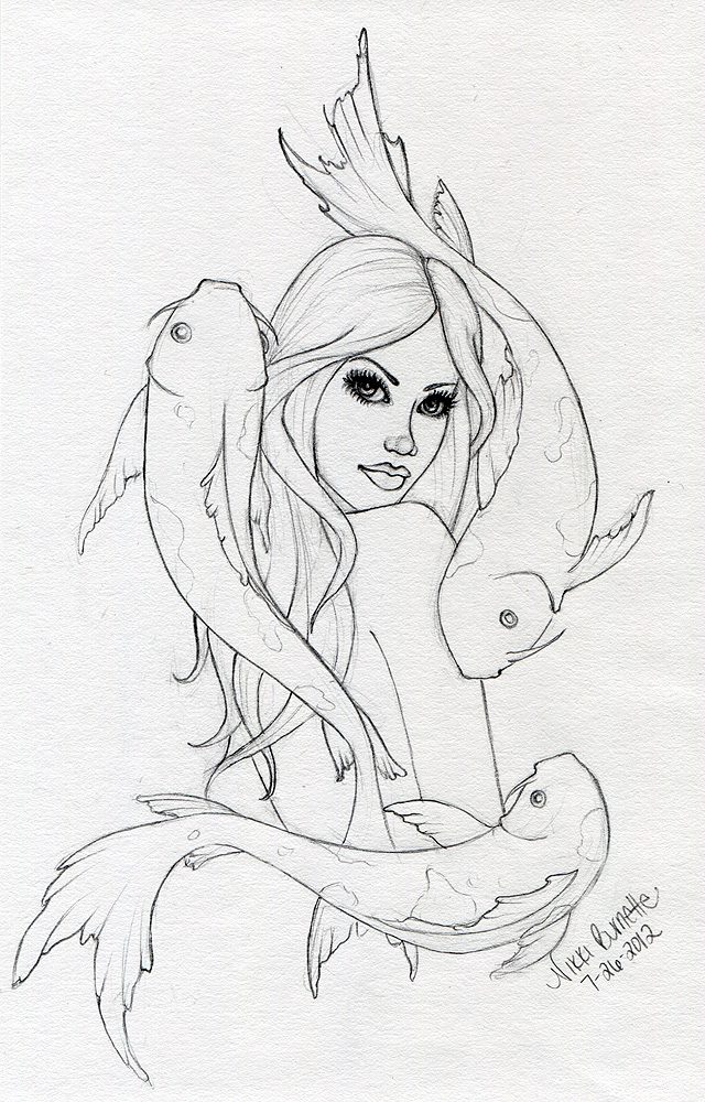 640x1000 Mermaid And Koi Fish Sketch By Aurella