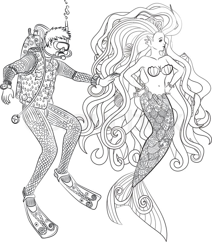 702x800 Underwater Mermaid And Diver In Zentangle Style. Adult Antistress