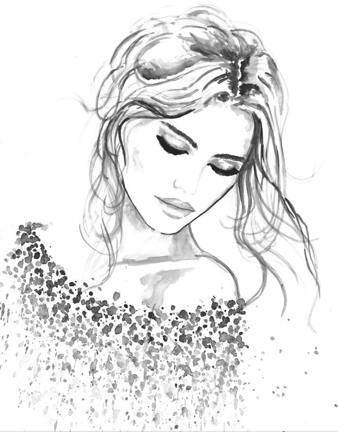 1141x1456 Spots. Natural Face. Messy Hair. Shoulder Top Drawings