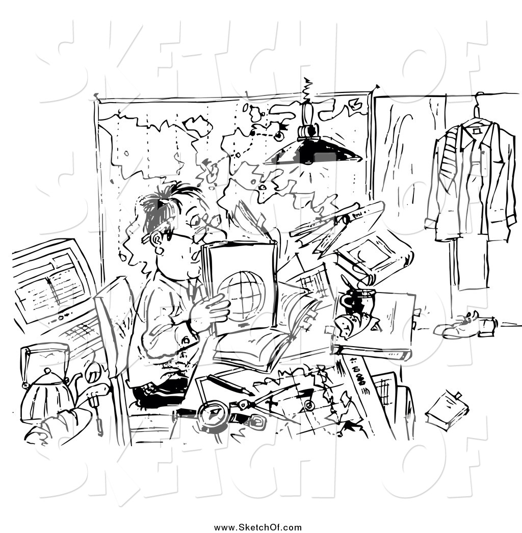 1024x1044 Drawing Of A Black And White Business Man Reading In His Messy