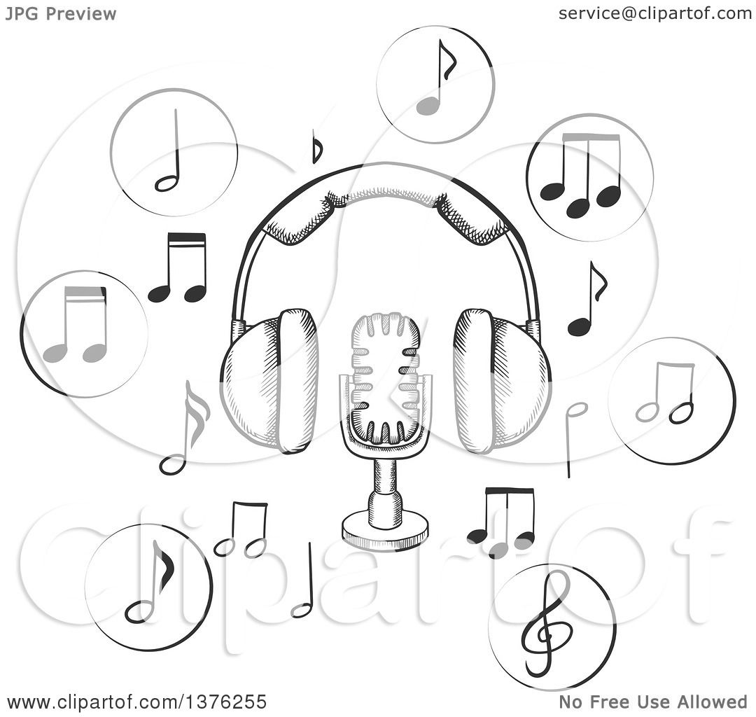 1080x1024 Clipart Of A Black And White Sketched Microphone And Earphones