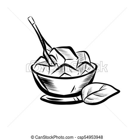 450x470 Food Sketch. Sketch Illustration Of Mint Leaf And Ice Bowl. Hand