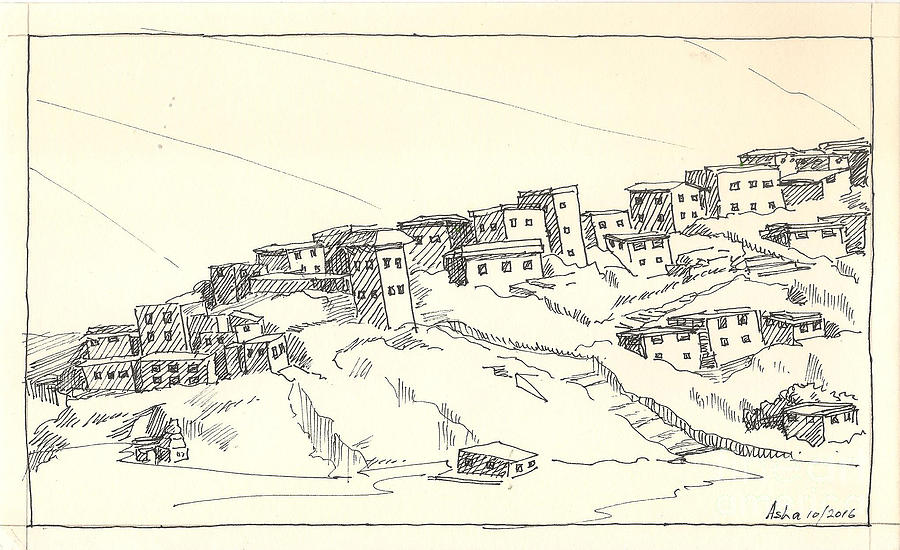 900x550 Monastery Drawing By Asha Sudhaker Shenoy