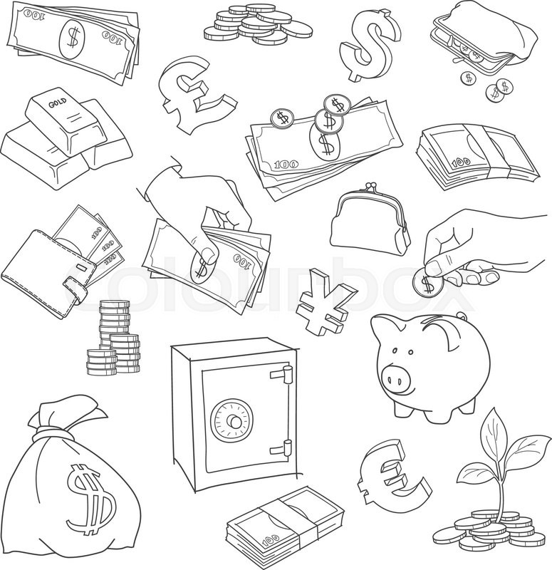 775x800 Set Of Doodle Money Symbol Vector Sketch. Coins, Stack, Treasure