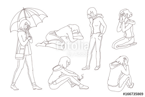 500x334 Vector Isolated Set Sketch Illustration Sad Girl Teen. Young Woman