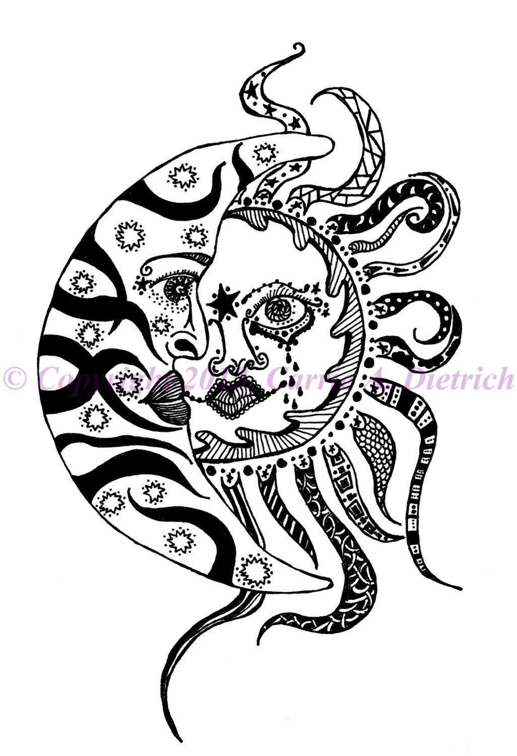 1026x1500 Black And White Art Pen And Ink Sun And Moon Celestial