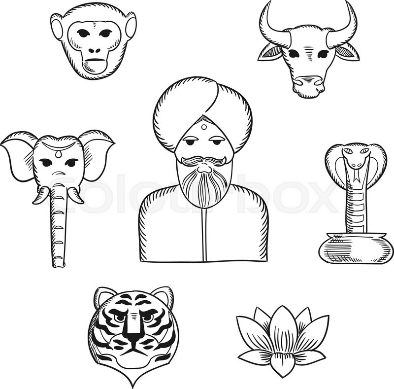 800x789 Indian Nature And National Symbols In Sketch Style With Indian Man