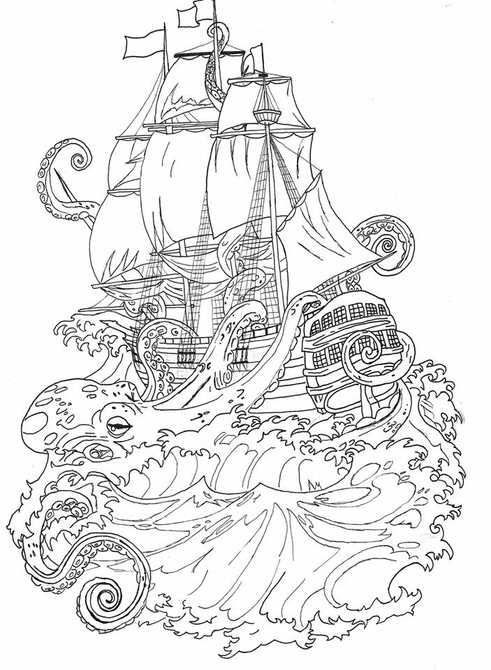 703x960 Ship And Octopus Tattoo Sketch