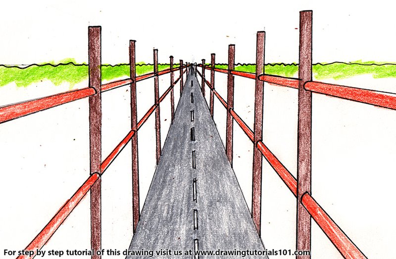 800x524 One Point Perspective Bridge Colored Pencils