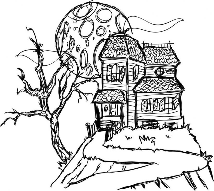 823x734 Haunted House Drawing Coloring Page