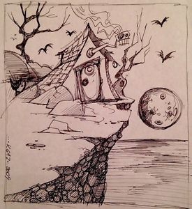 275x300 Discounted! Original Drawing, Goth House Tim Burton Style, 8x7 Ink