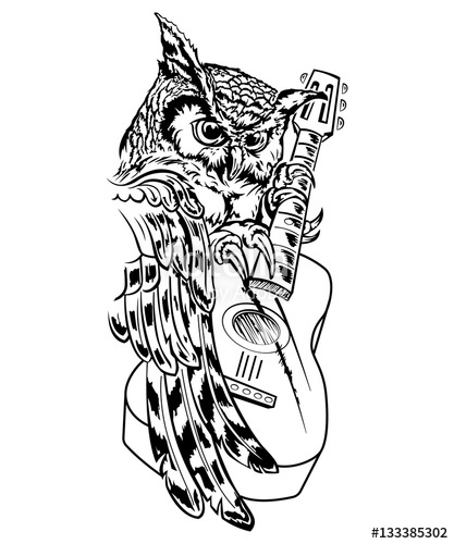 417x500 Owl With Guitar, Vector Hand Drawn Ink Pen Illustration, Tattoo