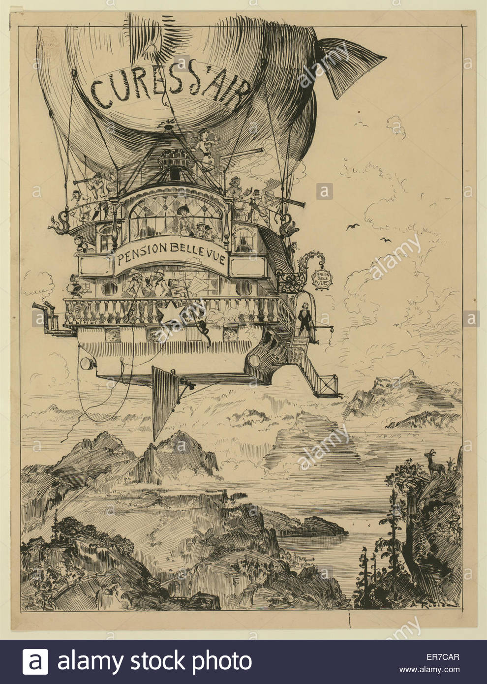 990x1390 Cures D'Air Dans La Montagne. Drawing Shows An Airship Cures D'Air