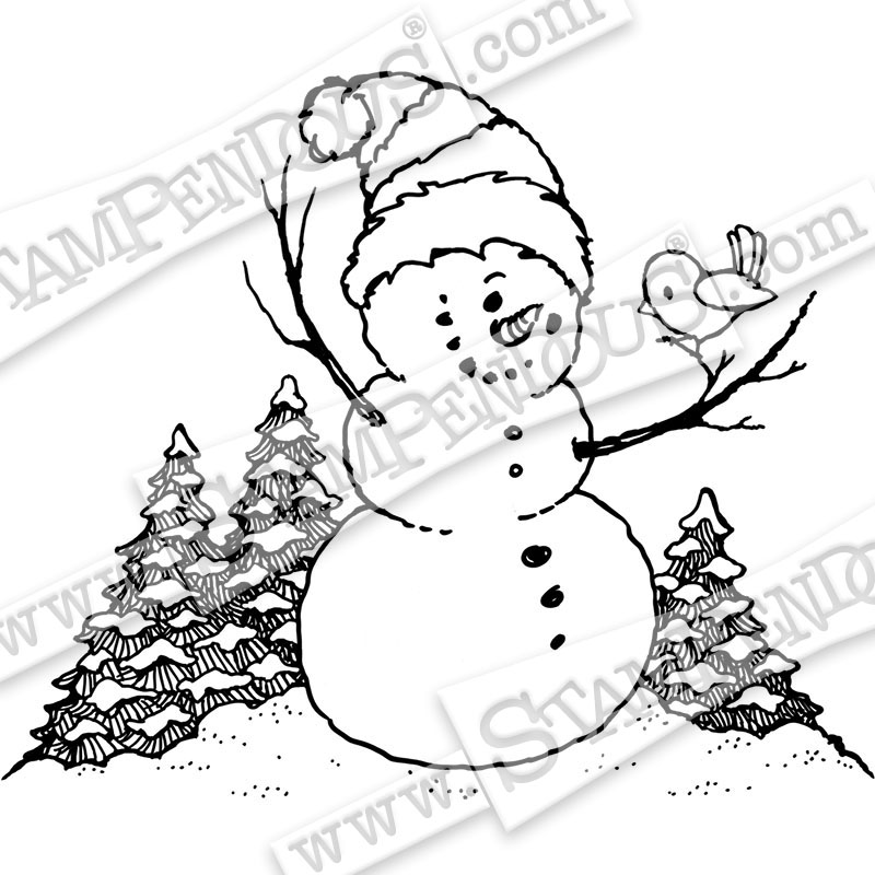 800x800 Snowman Perch Rubber Stamp