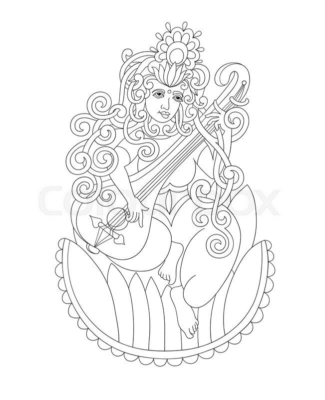 651x800 Black And White Drawing Of Indian Hindu Goddess Saraswati, Symbol