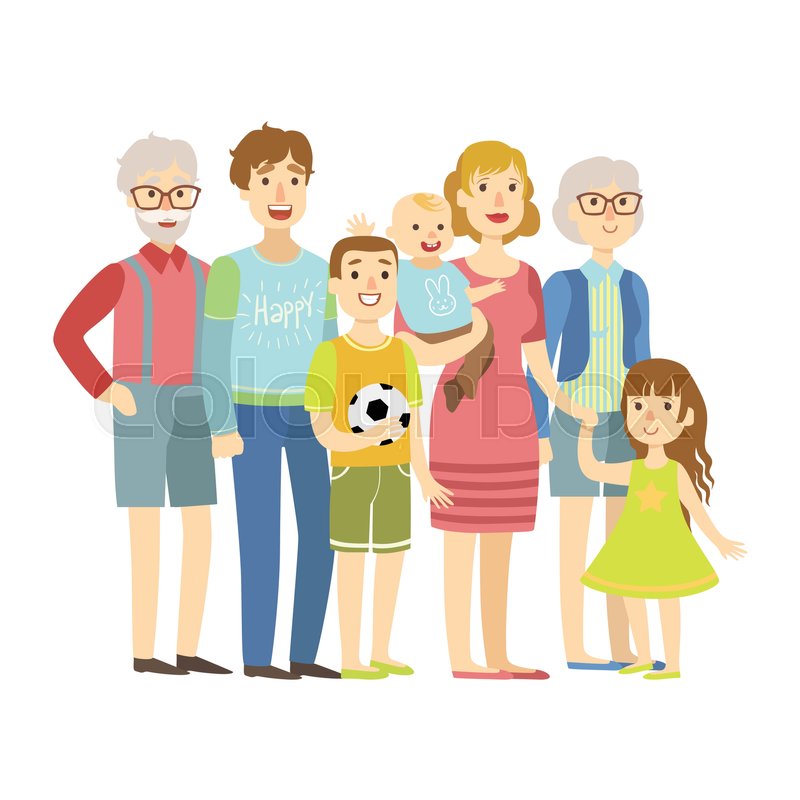 800x800 Full Family With Parents, Grandparents And Two Kids, Illustration