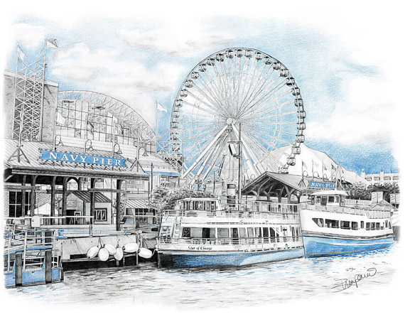 570x456 Chicago Navy Pier Pencil Drawing 11x14