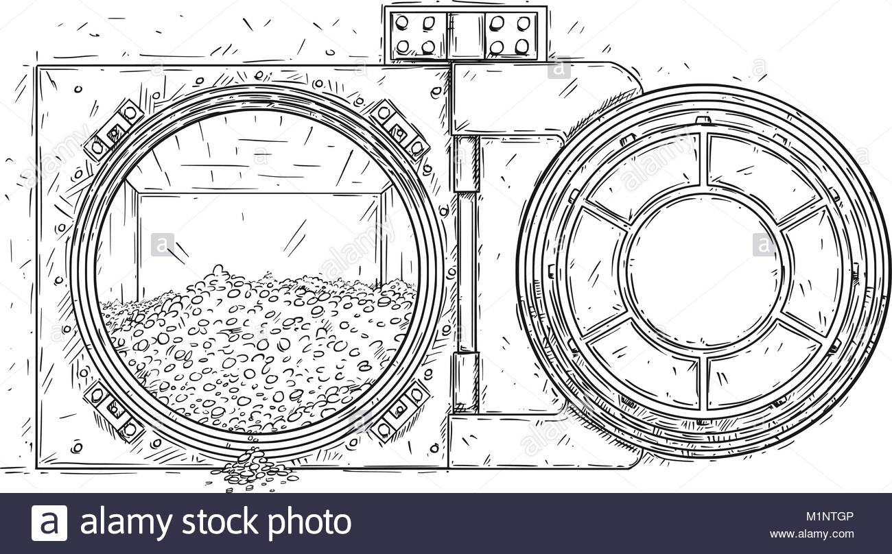 1300x808 Cartoon Vector Drawing Of Open Vault Door With Pile Of Gold Coins