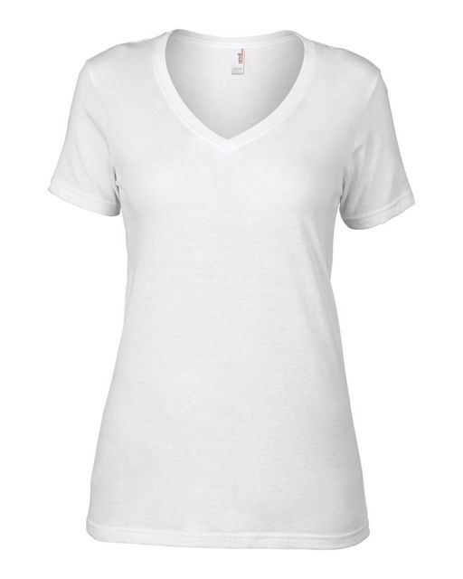 512x640 Anvil Women's Short Sleeve V Neck T Shirt Ladies Slim Fit Plain