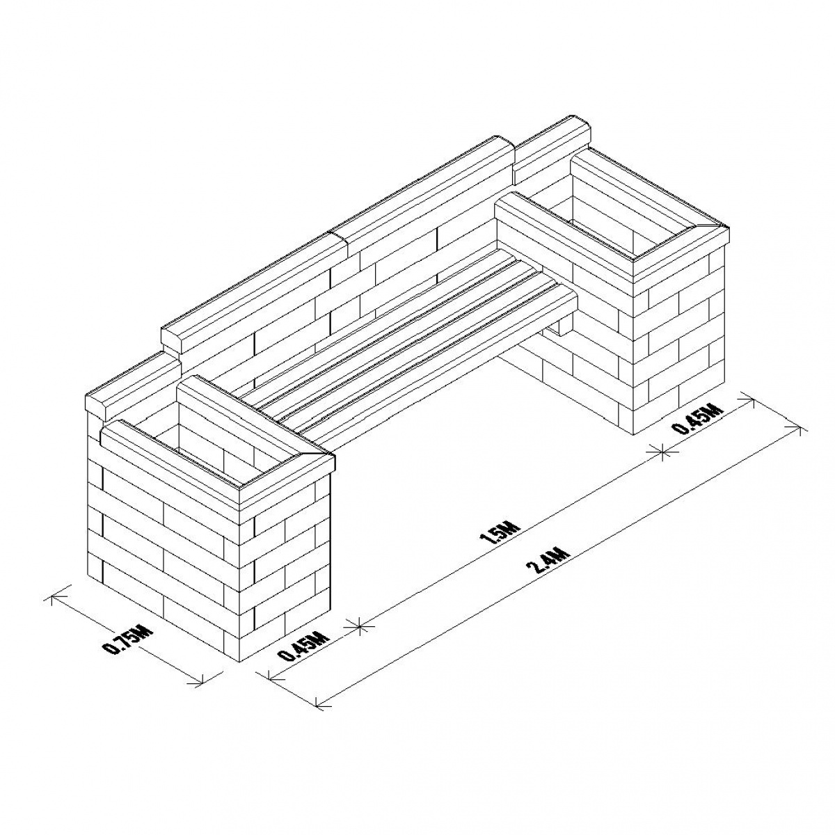 1200x1200 Planter Seat With Bookend Beds 2.4 X 0.75 X 0.85m Woodblocx