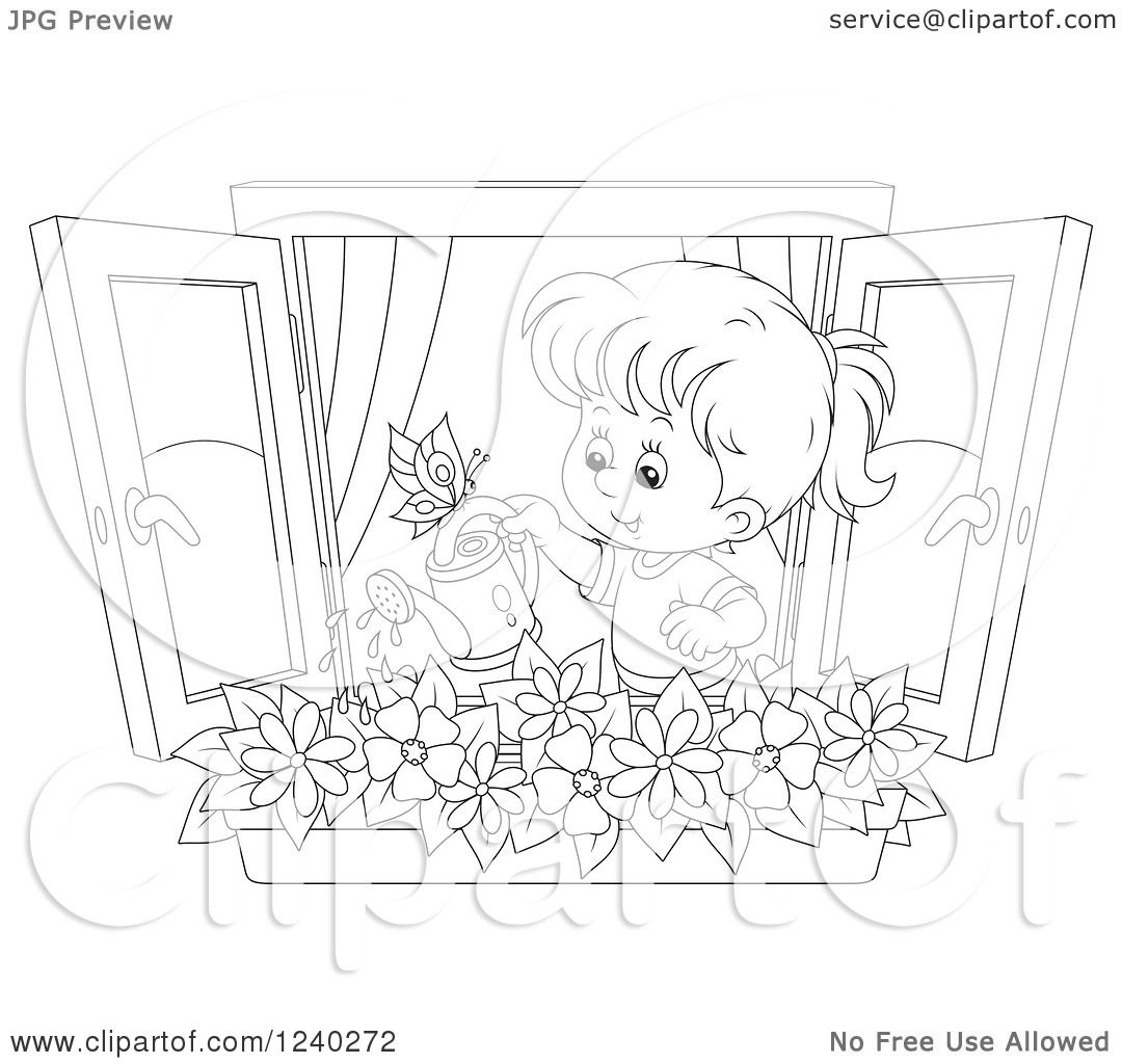 1080x1024 Clipart Of A Black And White Girl Watering A Window Planter