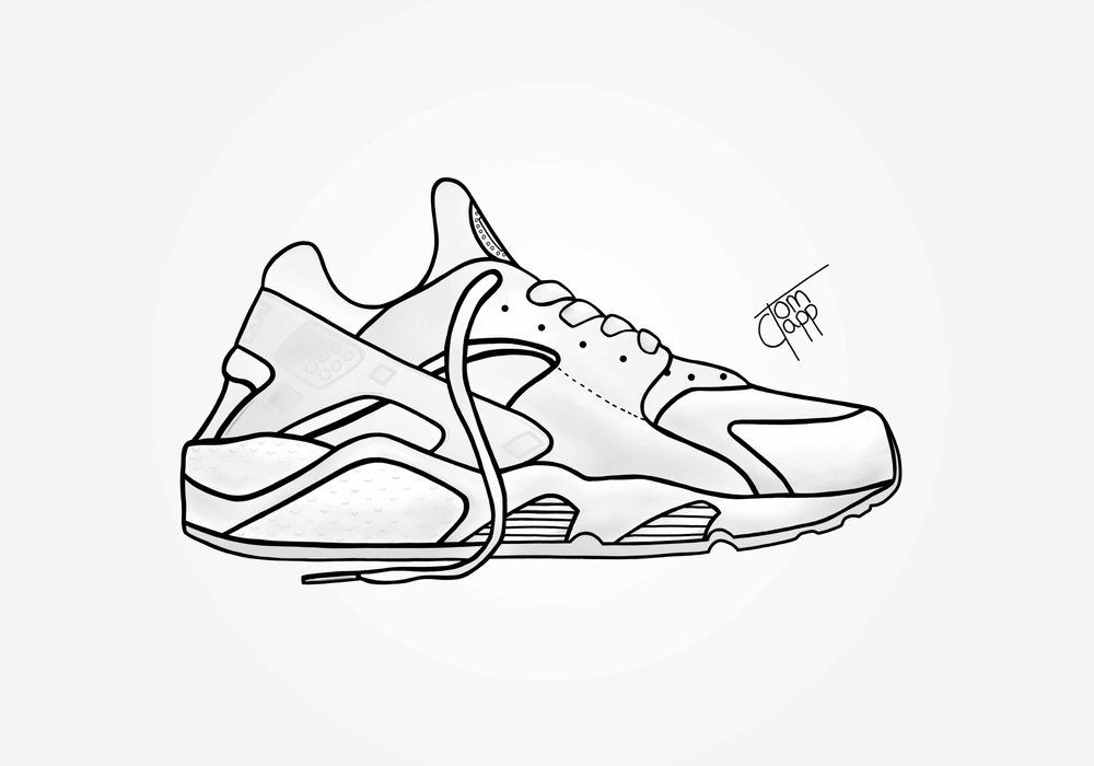 1000x700 Digital Drawing Of The Platinum White Huarache, Printed Onto