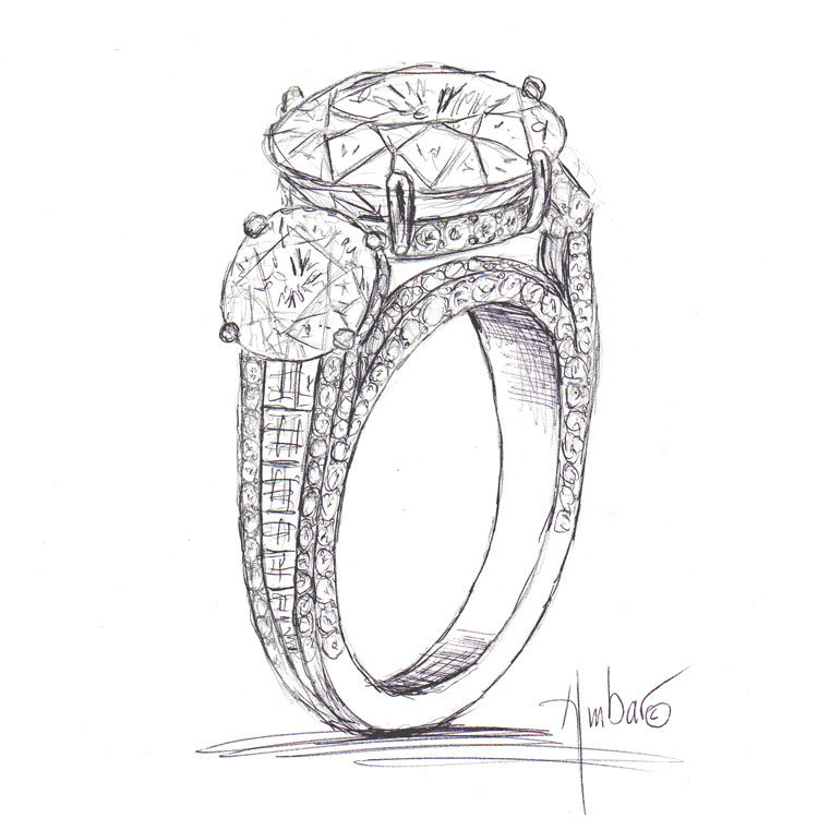 750x750 Free Hand Drawing Of Custom Trio Engagement Ring