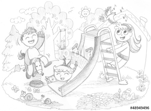 500x370 Playground 3 Happy Kids Playing. Hand Drawn Illustration. Stock