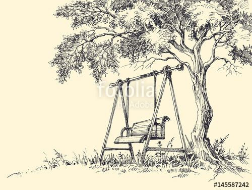 500x376 Swing Under The Tree Vector Illustration. Playground Drawing