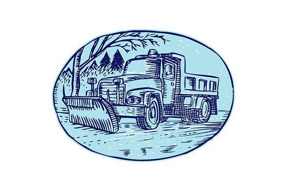 580x386 Snow Plow Truck Oval Etching Sketch