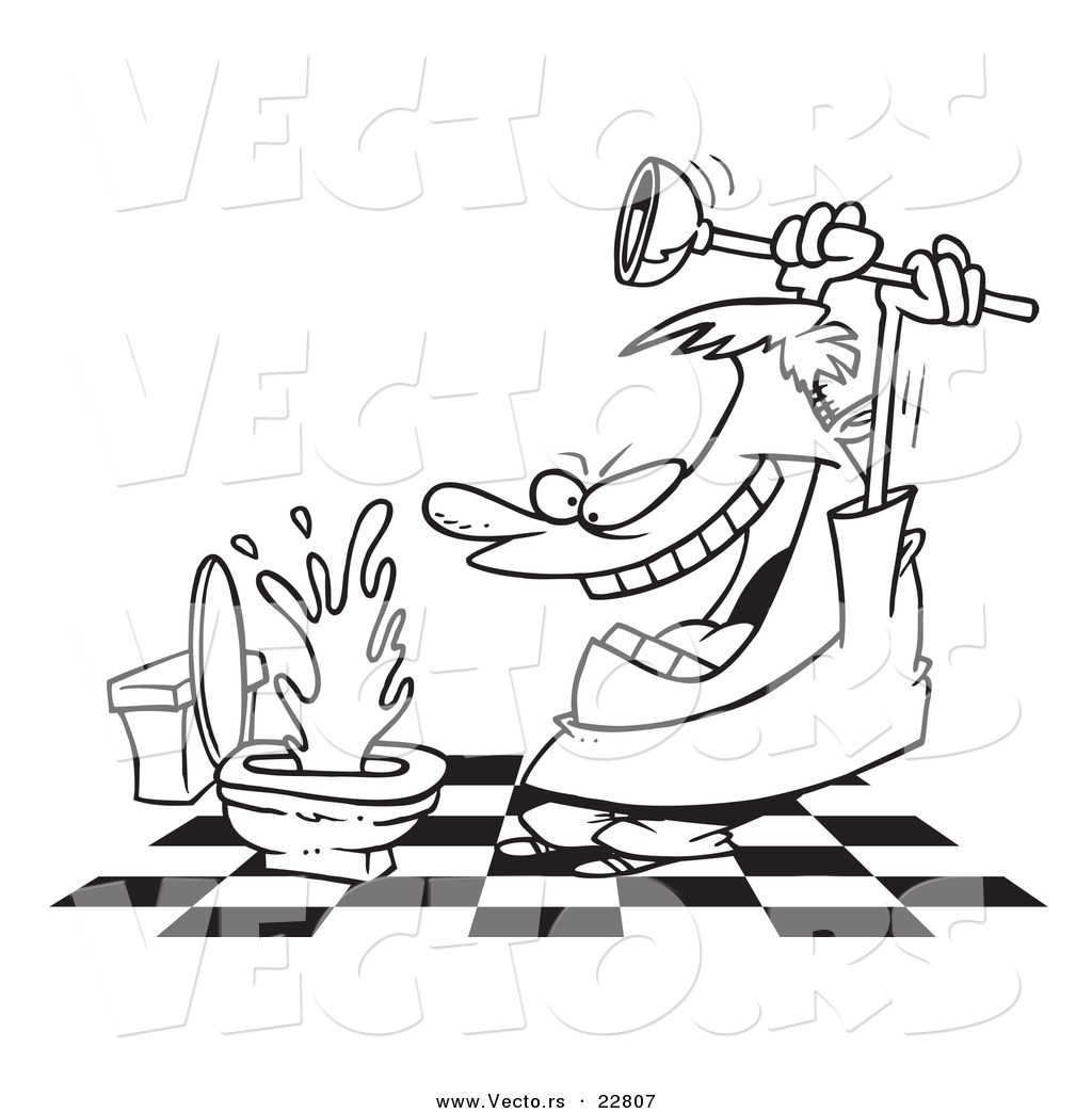 1024x1044 Vector Of A Cartoon Man Attacking A Toilet With A Plunger