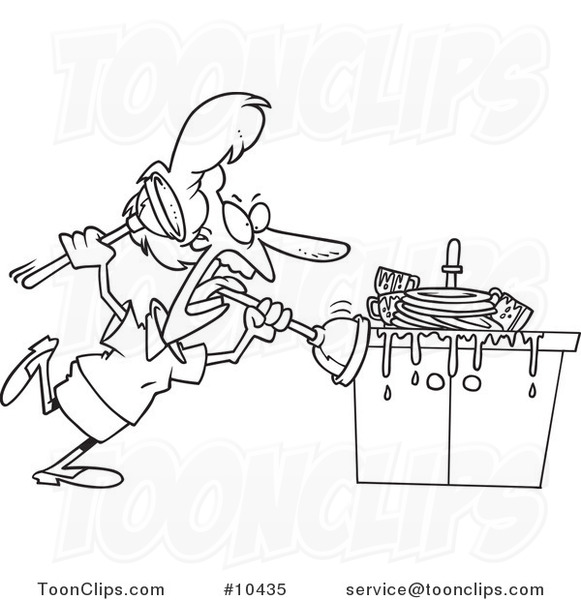 581x600 Cartoon Black And White Line Drawing Of A Lady Tackling A Sink