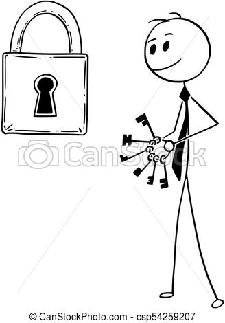328x470 Conceptual Cartoon Of Businessman Looking For Right Key To Padlock