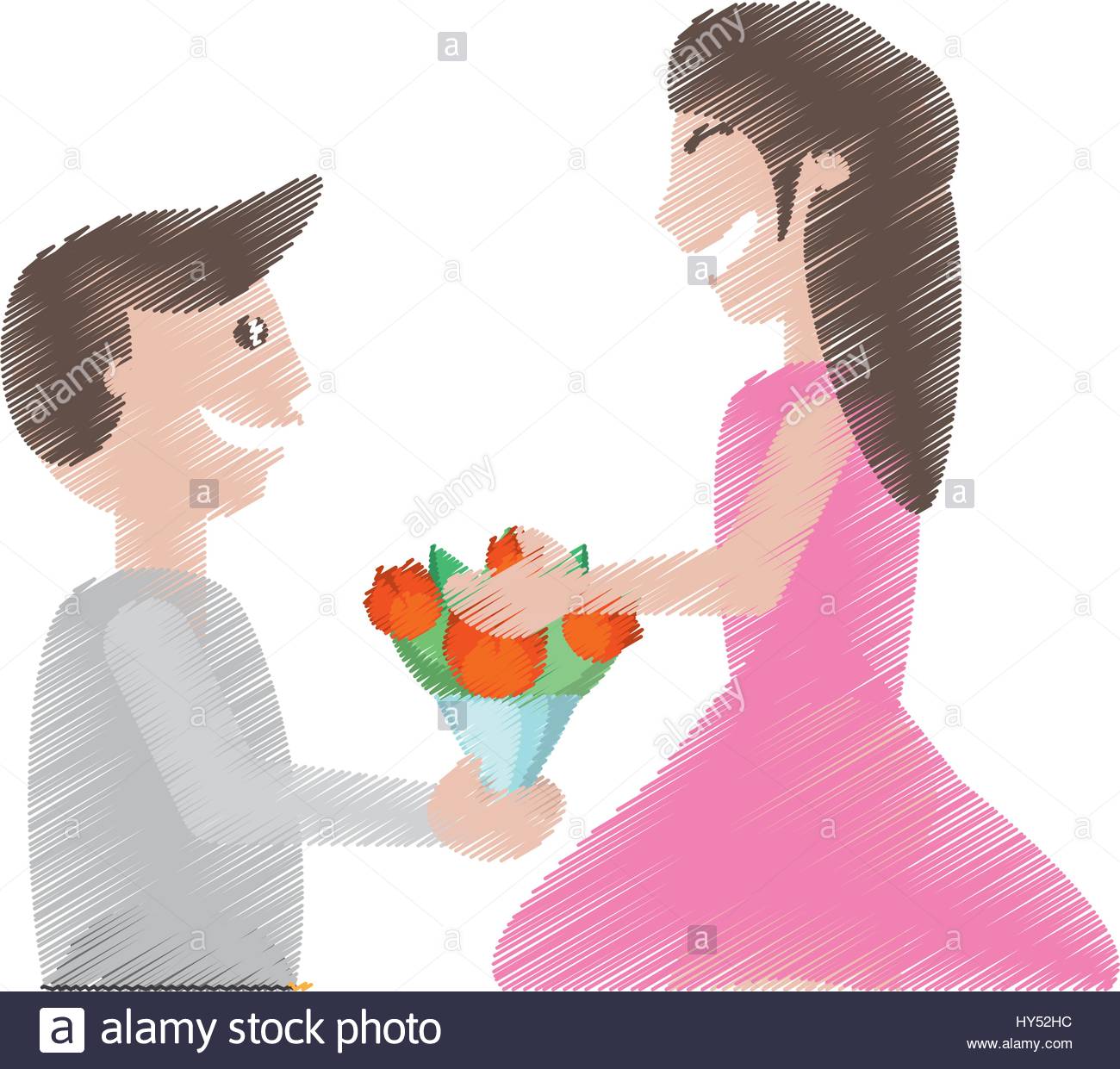 1300x1241 Drawing Man Proposal Woman Flowers Vector Illustration Eps 10