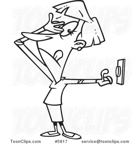 581x600 Cartoon Black And White Line Drawing Of A Lady Hesitating To Push