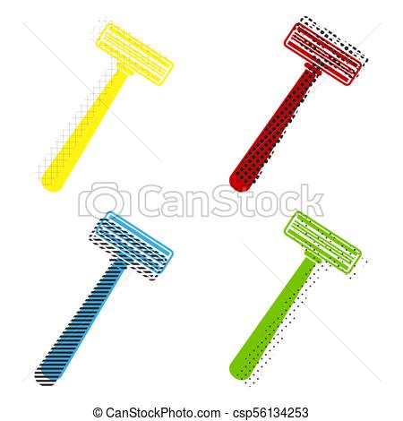 450x470 Safety Razor Sign. Vector. Yellow, Red, Blue, Green Icons