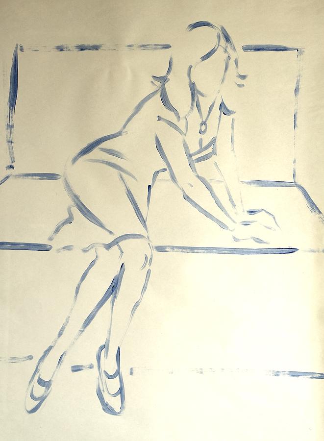 661x900 Blue Line Drawing Of A Woman Sitting And Reaching With Both Hands