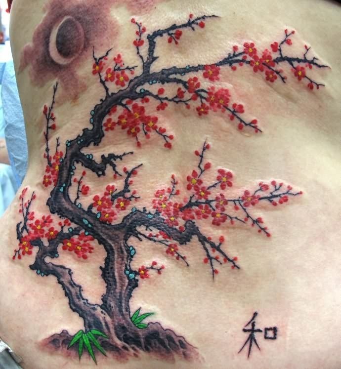 690x747 Nice Realistic Designed And Colored Bog Cherry Blossom Tattoo