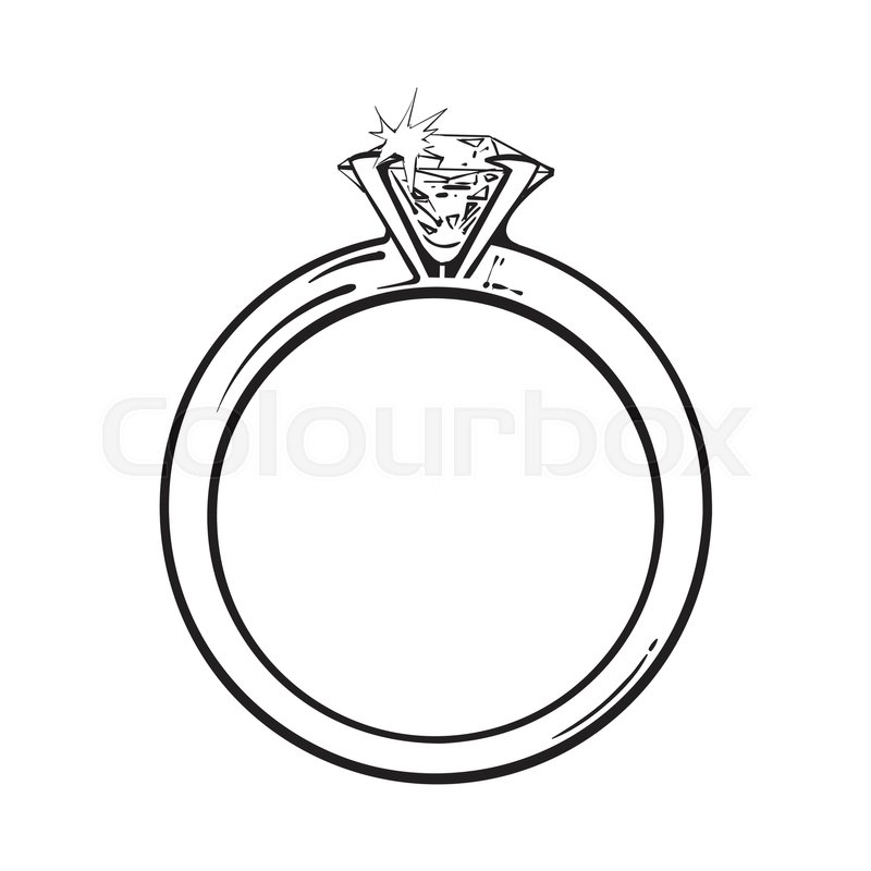 800x800 Golden Engagement Ring With A Big Shining Diamond, Sketch Style