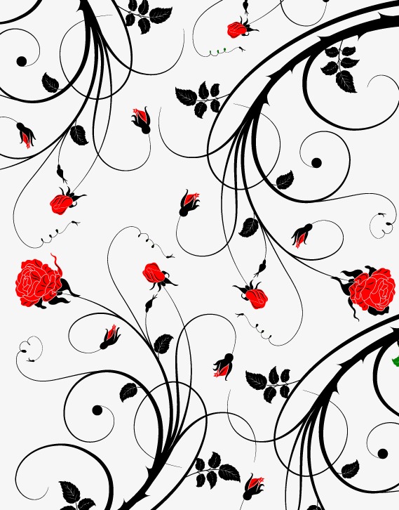 569x726 Painted Black Ink Red Flower Vine Pattern, Hand Painted, Ink