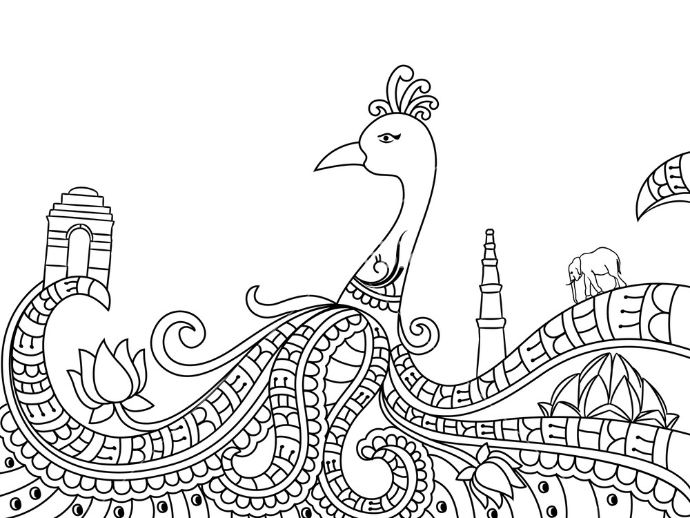 1000x750 Creative Line Art Design Of Indian National Bird Peacock