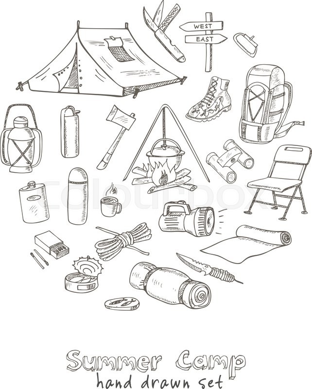 642x800 Set Of Hand Drawn Camping Equipment Drawings. Sketches. Hand