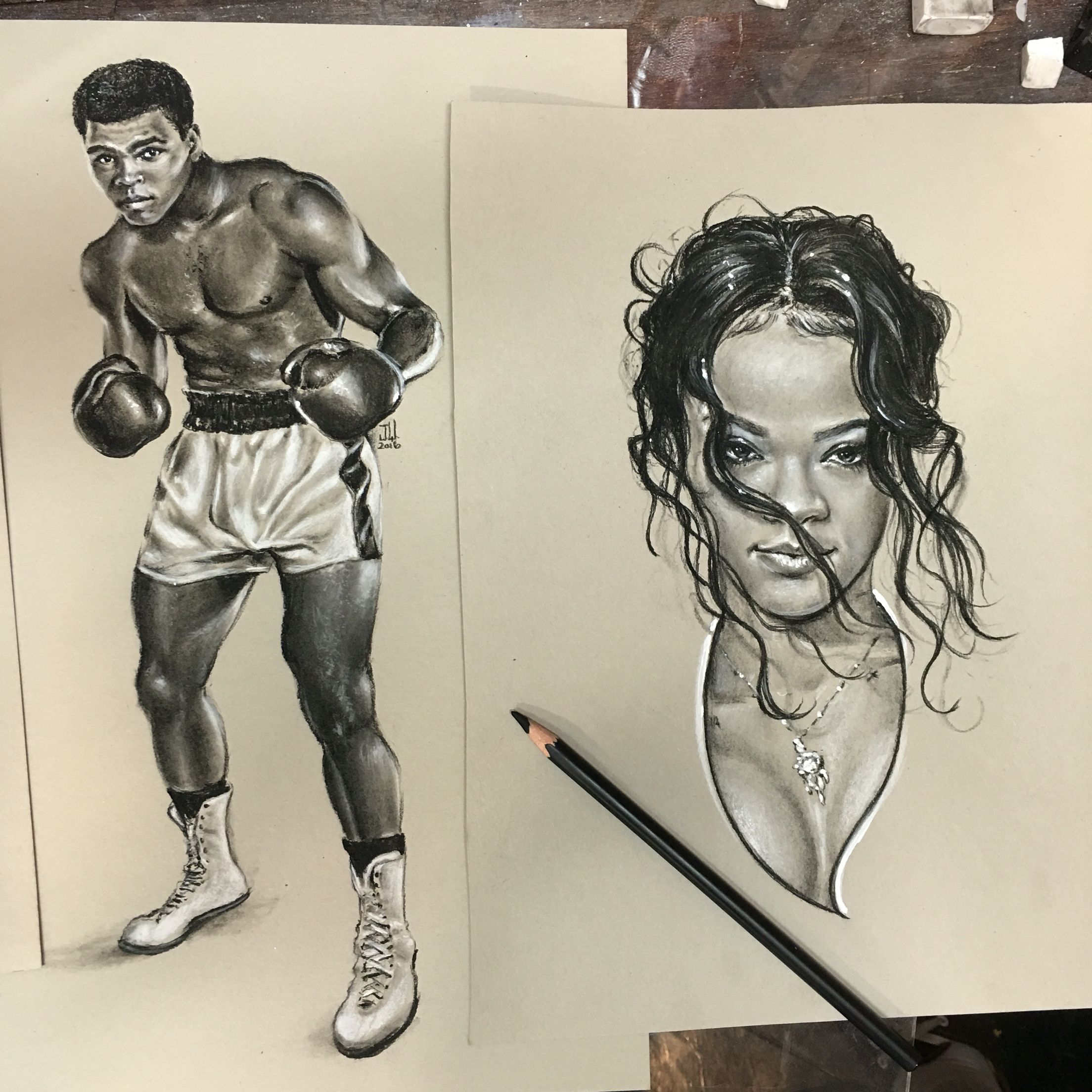 2208x2208 Muhammad Ali Rihanna Charcoal Sketch On Toned Paper Sketched Live