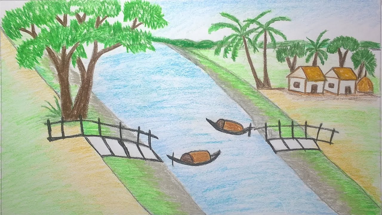 1280x720 How To Draw Scenery Of River Crossing Place By Boat Step By Step