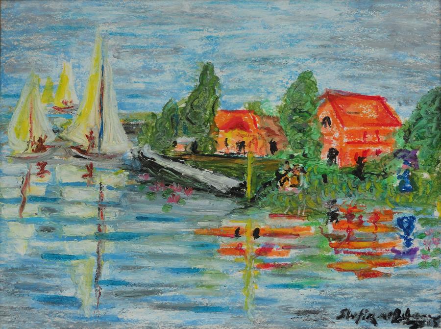 900x671 Reflection Of Boat Sails On River Drawing By Shafiq Ur Rehman