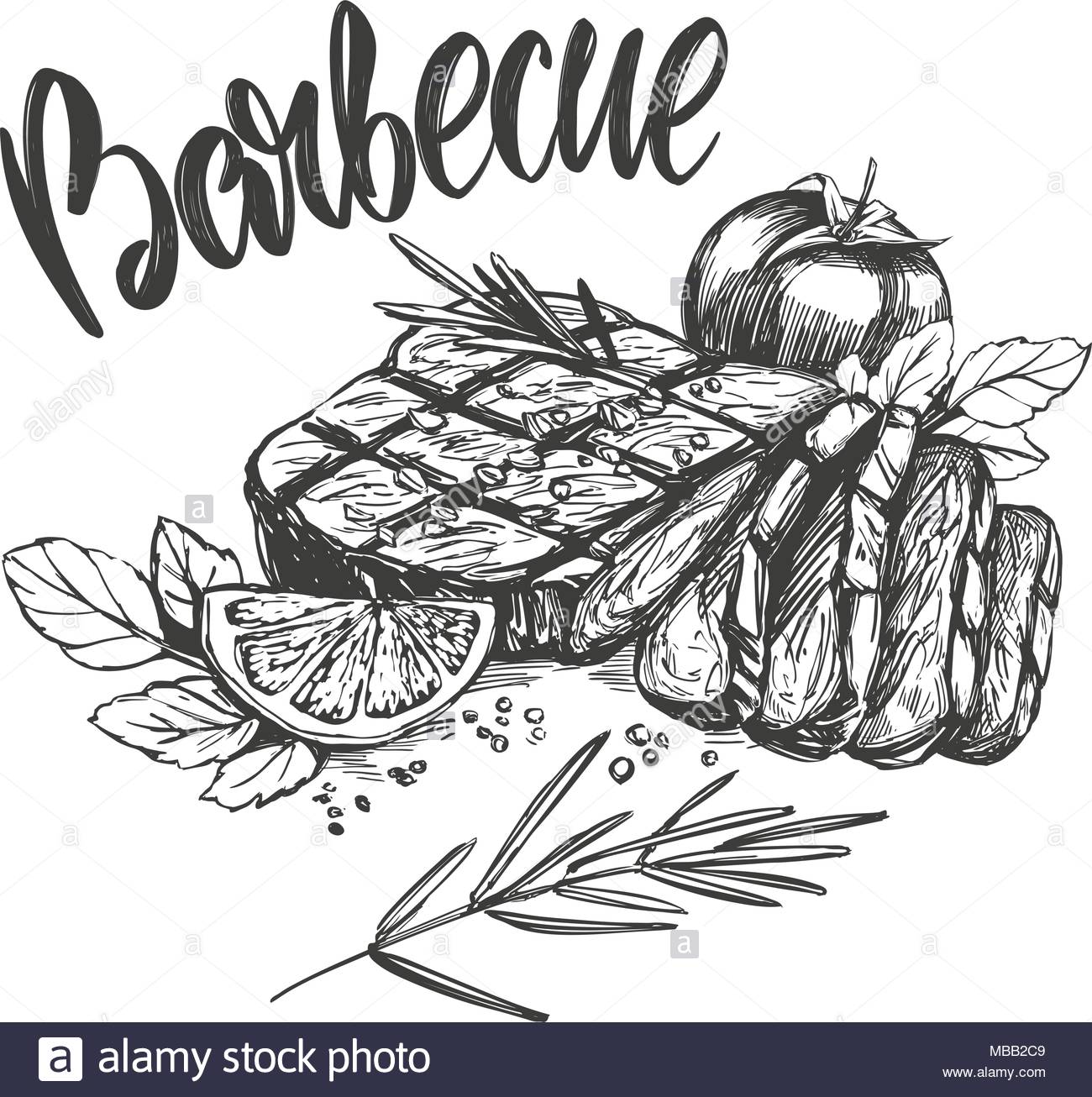 1300x1306 Food Meat, Steak, Roast Set, Calligraphic Text, Hand Drawn Vector