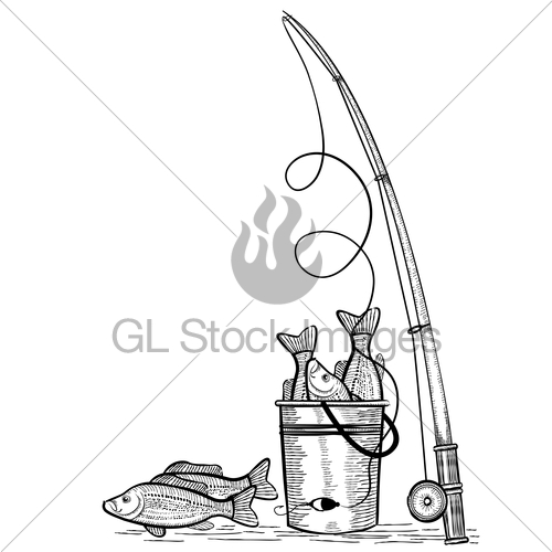 500x500 Fishing Rod And Fish.vector Black Drawing Illustration Gl Stock