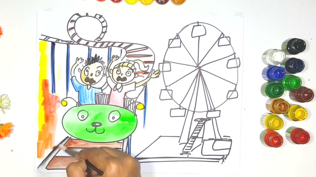 1280x720 How To Draw A Roller Coaster And Flyer In An Amusement Park